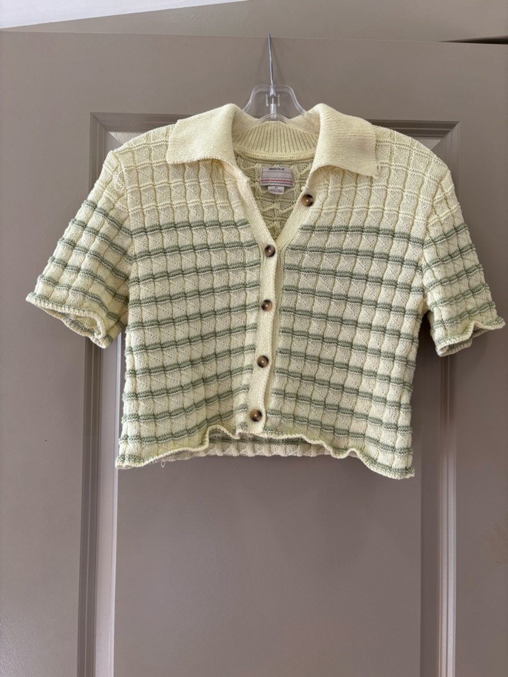 Cropped Knit Button-Up Cardigan in Pale Yellow with Green Stripes
